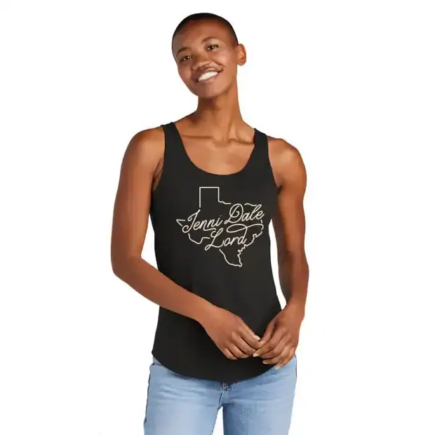 Black tank top with white Texas outline and "Jenni Dale Lord" text.