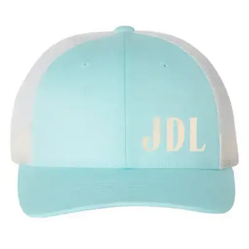 Light blue and white cap with "JDL" initials for Jenni Dale Lord.