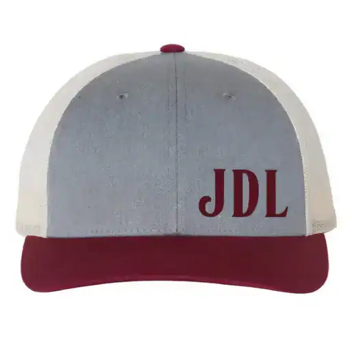 Custom gray and maroon baseball cap with JDL logo.
