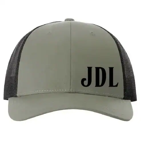 Custom gray baseball cap with black mesh and JDL logo.
